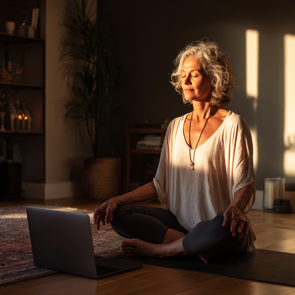 Жена на 58 години участва в онлайн йога занятие от дома си, пред лаптоп