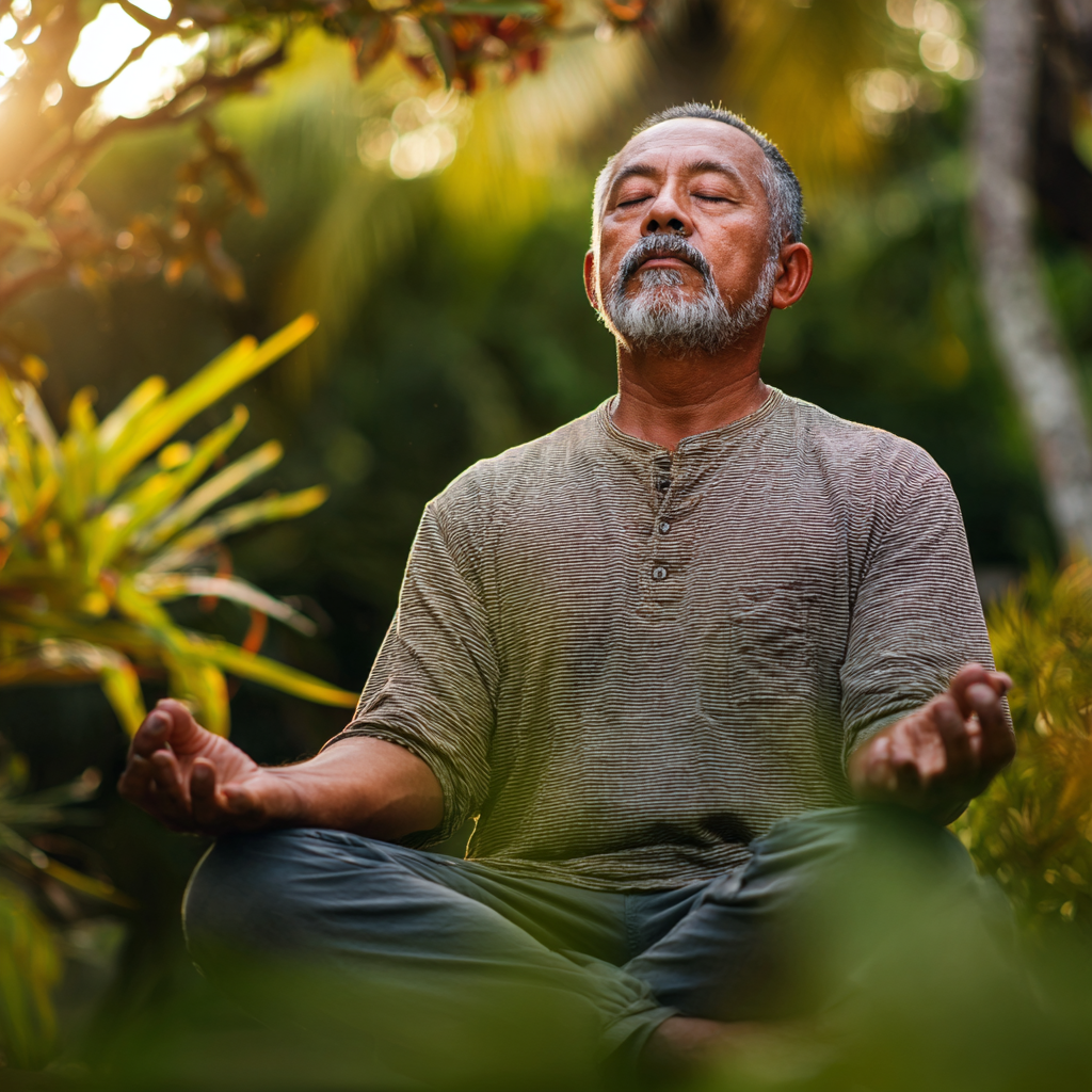 Мъж на 60 години медитира в спокойна поза, заобиколен от зеленина